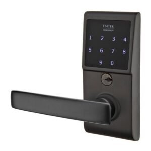 Geneva Left Hand Emtouch Storeroom Lever with Electronic Touchscreen Lock in Flat Black